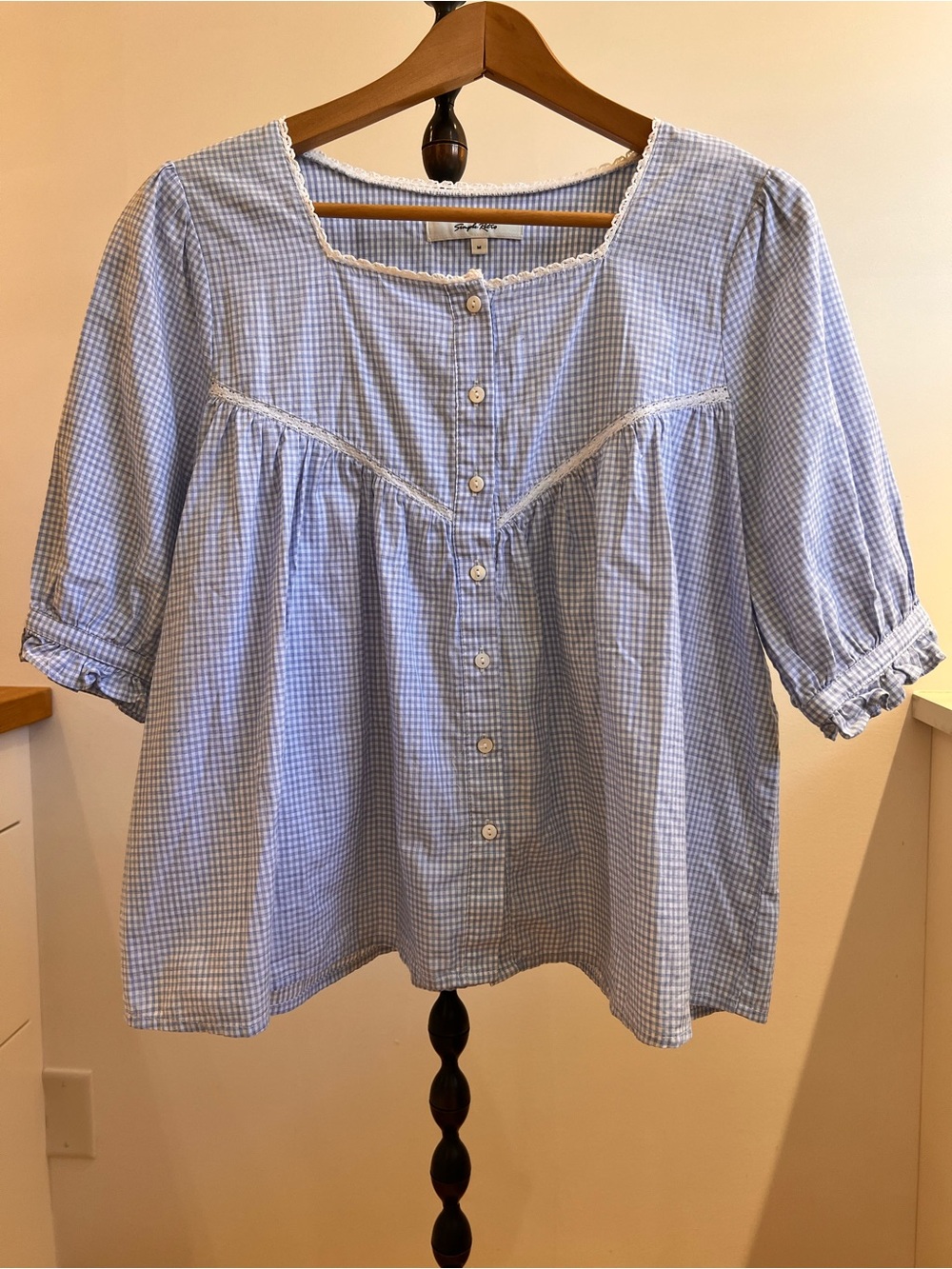 100% Cotton Light Blue Gingham Button-Front Blouse
